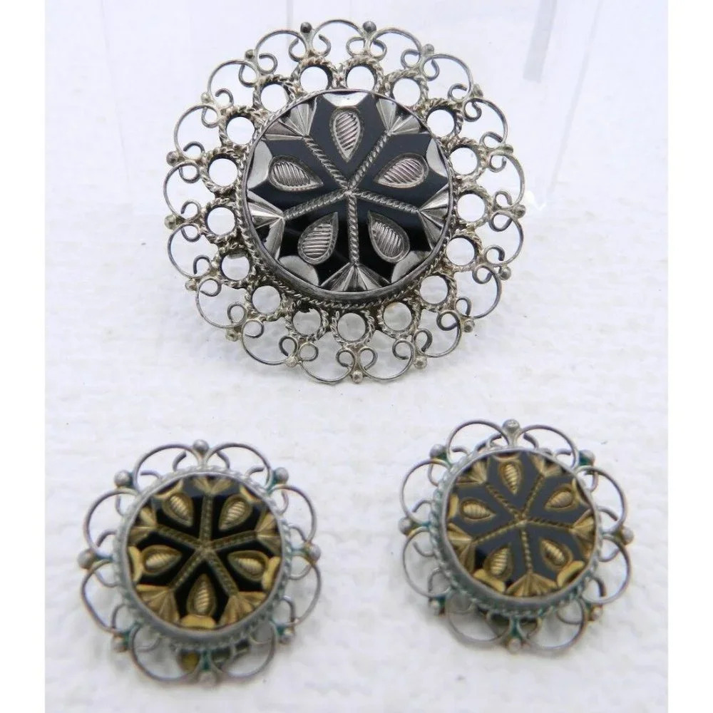 VTG PLATA .925 JFCM Guad Mexico Sterling Silver Obsidian Pin Pendant Earring Set